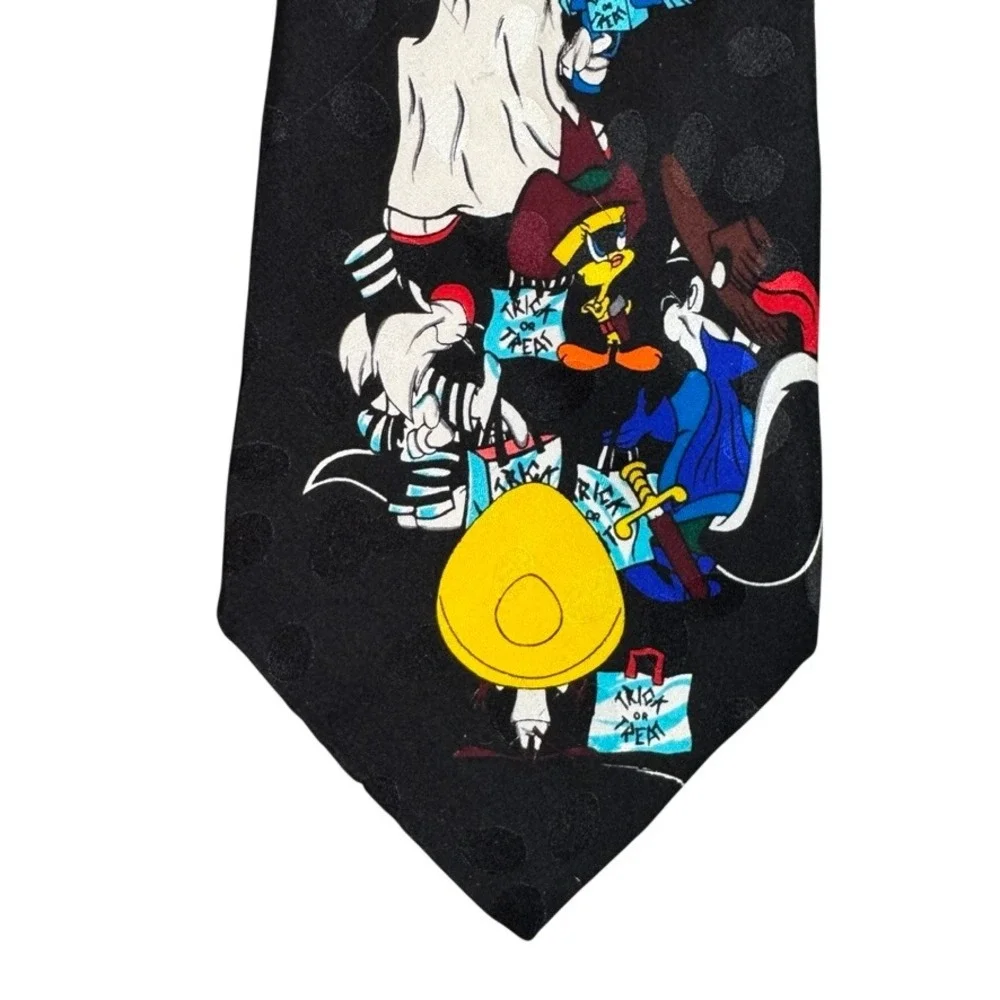 Vintage 1995 Looney Tunes Mania Halloween Silk Tie Bugs Bunny Tweety Taz Black